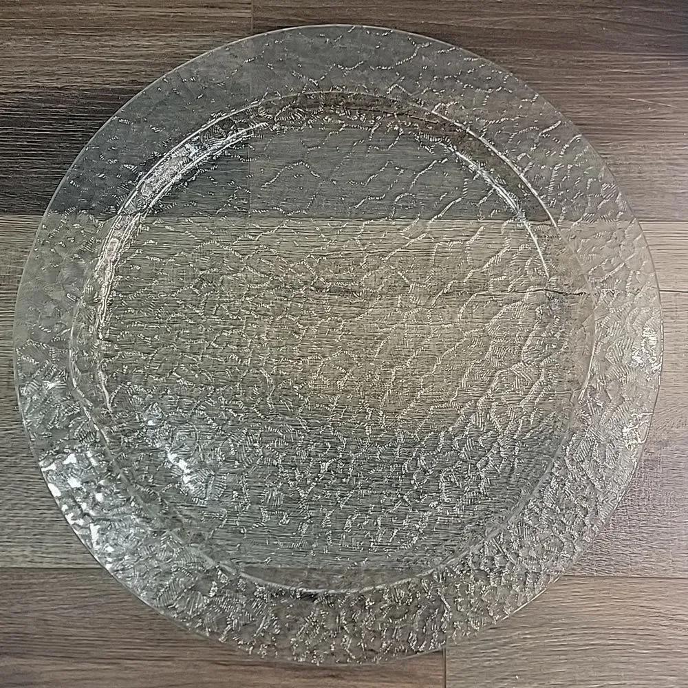 Vintage MCM Crackled Ice Glass Serving Platter With Molded Handles